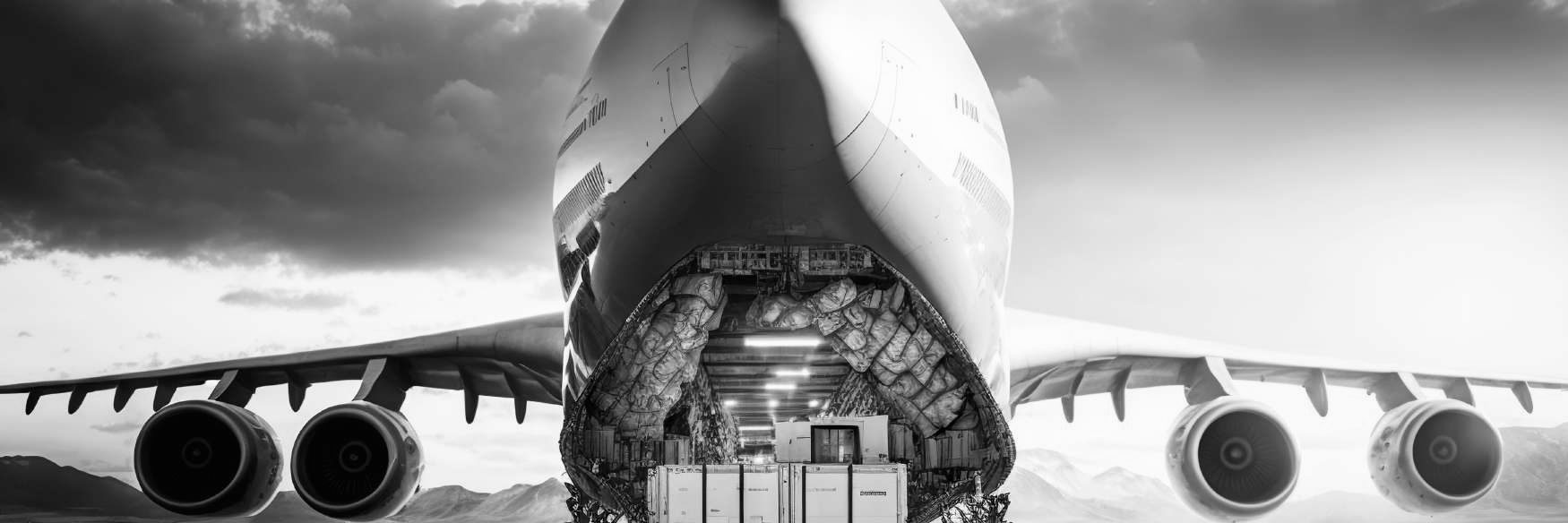 A cargo aircraft with its nose door open